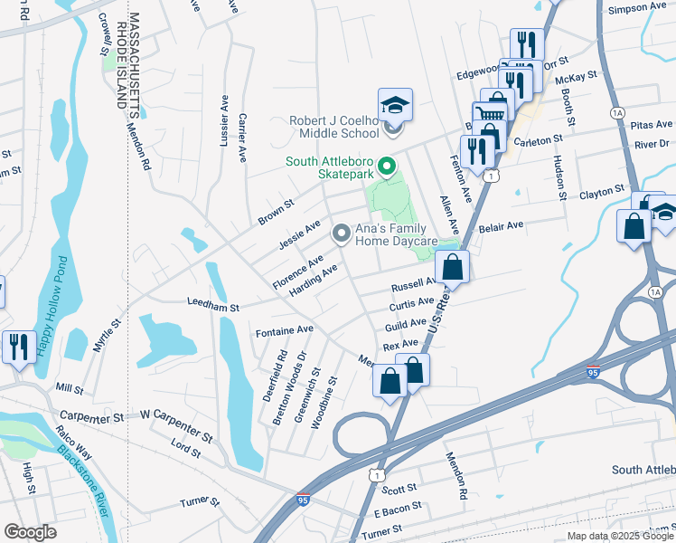 map of restaurants, bars, coffee shops, grocery stores, and more near 344 Robinson Avenue in Attleboro