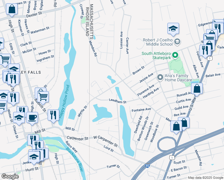 map of restaurants, bars, coffee shops, grocery stores, and more near 386 Brown Street in Attleboro