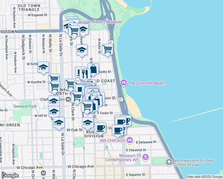 map of restaurants, bars, coffee shops, grocery stores, and more near 1250 U.S. 41 in Chicago