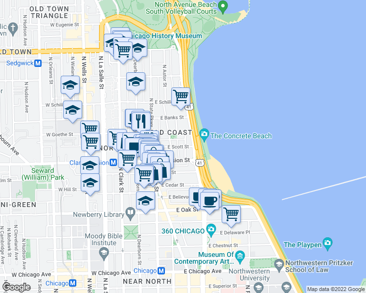 map of restaurants, bars, coffee shops, grocery stores, and more near 1250 U.S. 41 in Chicago