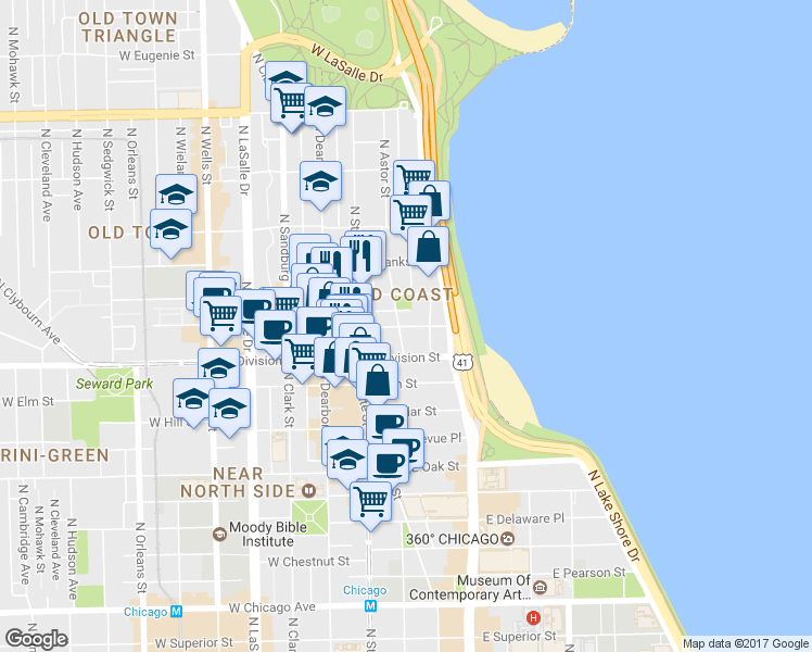 map of restaurants, bars, coffee shops, grocery stores, and more near in Chicago