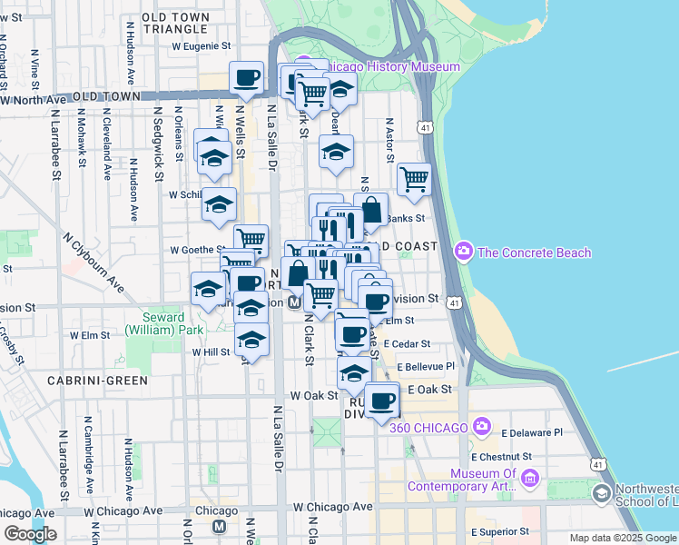 map of restaurants, bars, coffee shops, grocery stores, and more near 1255 North Dearborn Parkway in Chicago