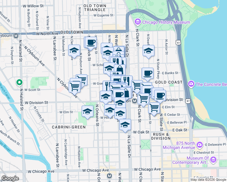 map of restaurants, bars, coffee shops, grocery stores, and more near 1254 North Wells Street in Chicago