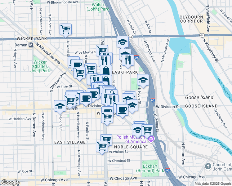 map of restaurants, bars, coffee shops, grocery stores, and more near 1311 North Bosworth Avenue in Chicago