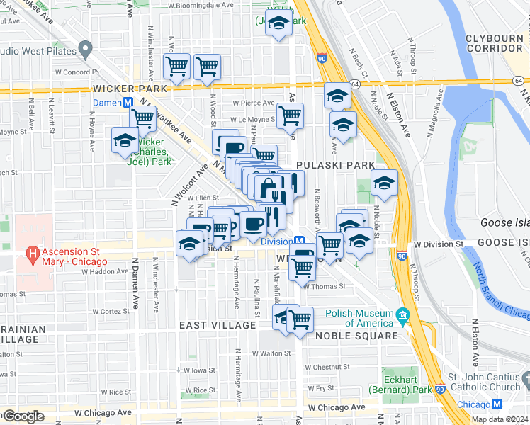 map of restaurants, bars, coffee shops, grocery stores, and more near 1346 North Bauwans Street in Chicago