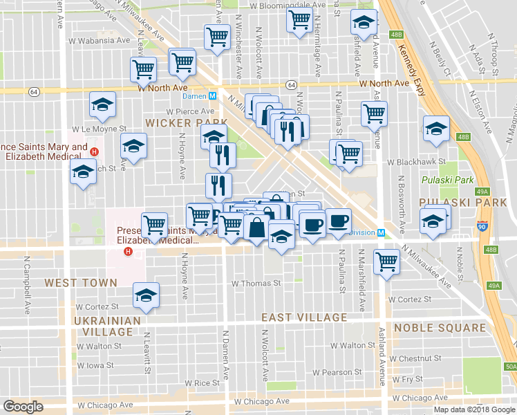 map of restaurants, bars, coffee shops, grocery stores, and more near 1904 West Ellen Street in Chicago