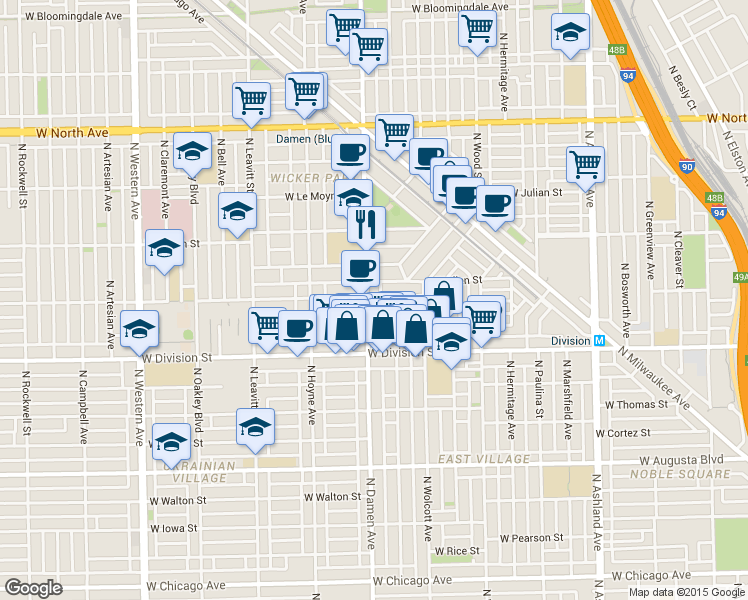 map of restaurants, bars, coffee shops, grocery stores, and more near 1940 West Potomac Avenue in Chicago