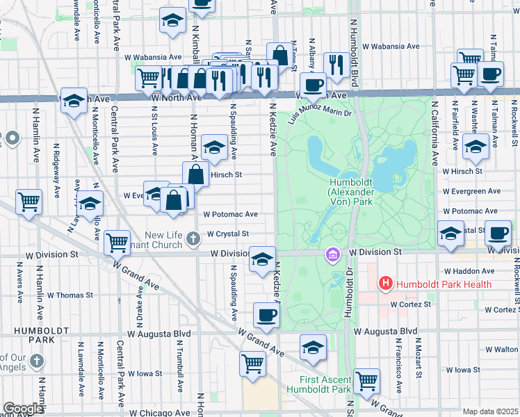 map of restaurants, bars, coffee shops, grocery stores, and more near 3227 West Evergreen Avenue in Chicago