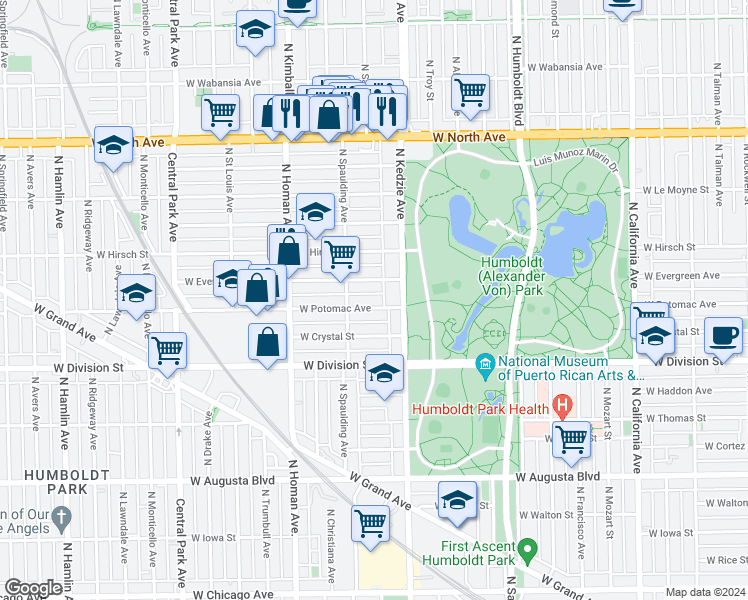 map of restaurants, bars, coffee shops, grocery stores, and more near 3227 West Evergreen Avenue in Chicago