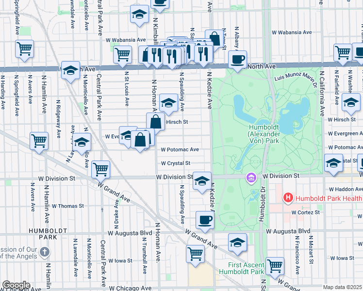 map of restaurants, bars, coffee shops, grocery stores, and more near 3301 West Evergreen Avenue in Chicago