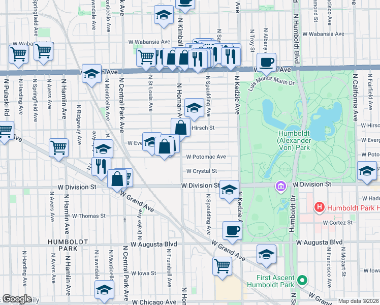 map of restaurants, bars, coffee shops, grocery stores, and more near 3341 West Evergreen Avenue in Chicago