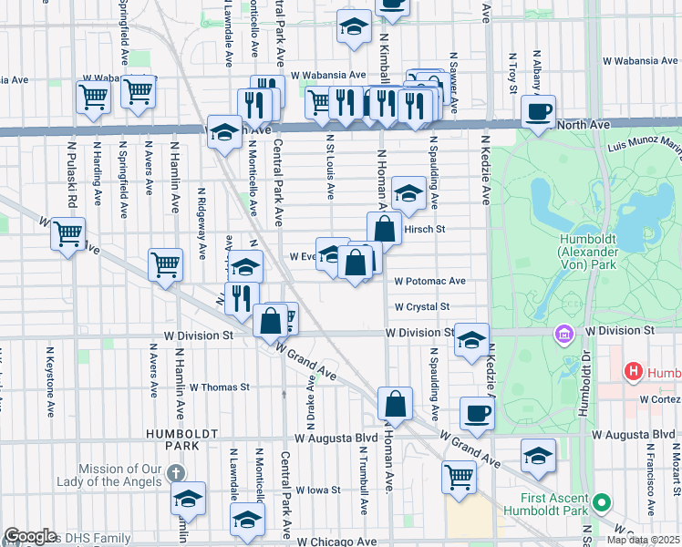 map of restaurants, bars, coffee shops, grocery stores, and more near 3452 West Evergreen Avenue in Chicago