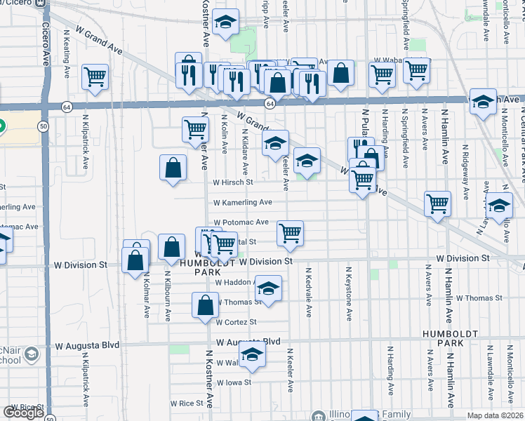 map of restaurants, bars, coffee shops, grocery stores, and more near 4256 West Kamerling Avenue in Chicago