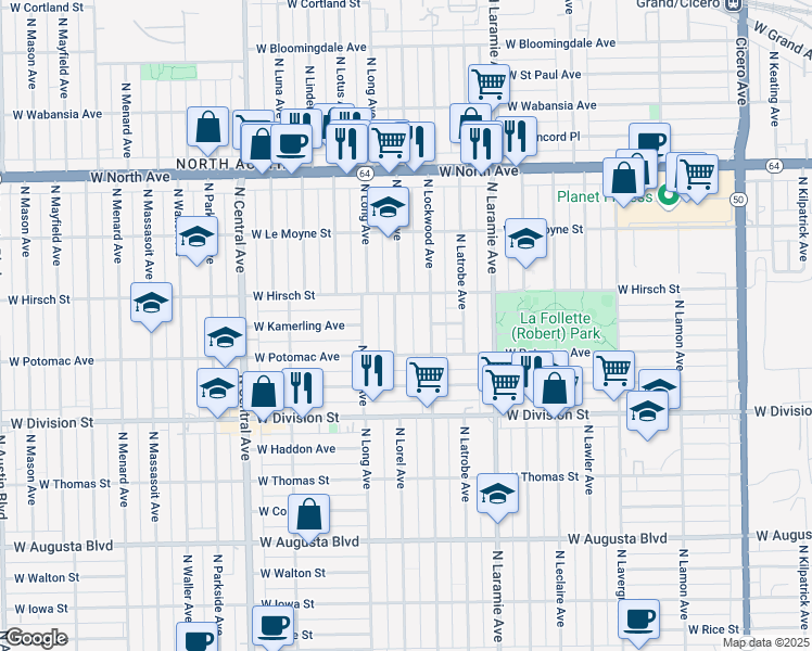 map of restaurants, bars, coffee shops, grocery stores, and more near 5315 West Hirsch Street in Chicago