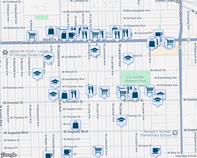 map of restaurants, bars, coffee shops, grocery stores, and more near 5315 West Hirsch Street in Chicago