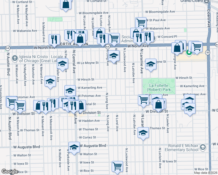 map of restaurants, bars, coffee shops, grocery stores, and more near 1357 North Long Avenue in Chicago
