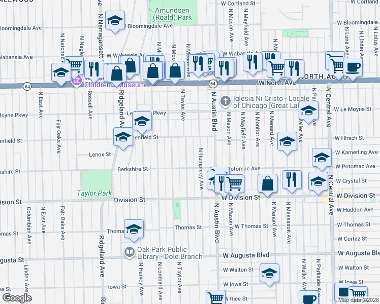 map of restaurants, bars, coffee shops, grocery stores, and more near 1043 North Humphrey Avenue in Oak Park