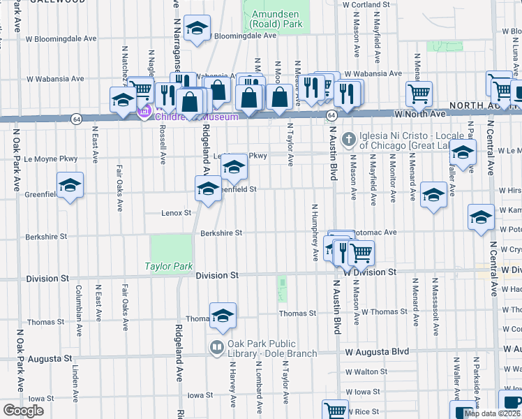 map of restaurants, bars, coffee shops, grocery stores, and more near 1044 North Lombard Avenue in Oak Park