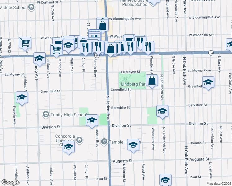 map of restaurants, bars, coffee shops, grocery stores, and more near 1104 Greenfield Street in Oak Park