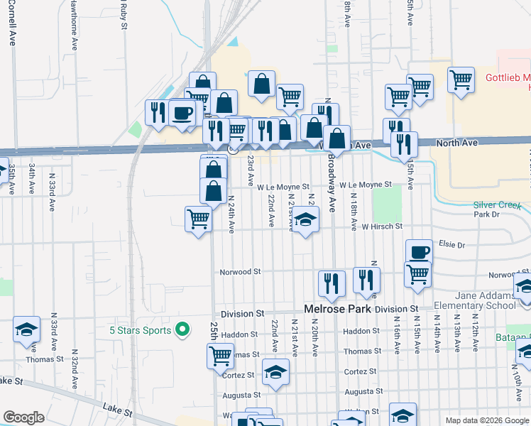 map of restaurants, bars, coffee shops, grocery stores, and more near 1736 North 22nd Avenue in Melrose Park