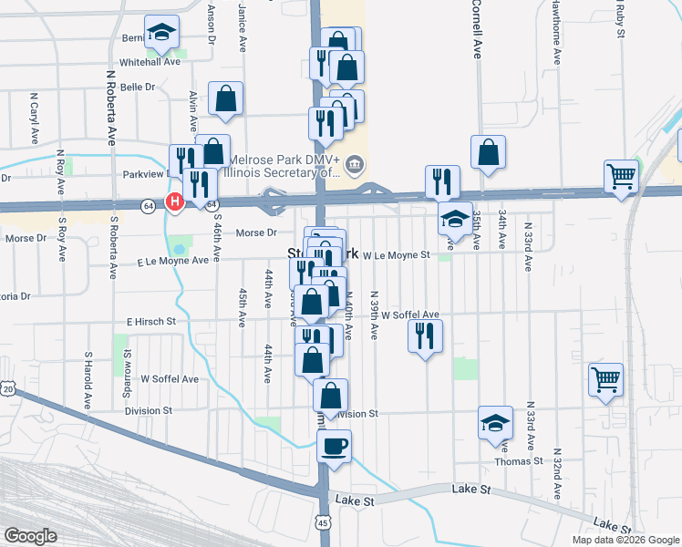 map of restaurants, bars, coffee shops, grocery stores, and more near in Stone Park