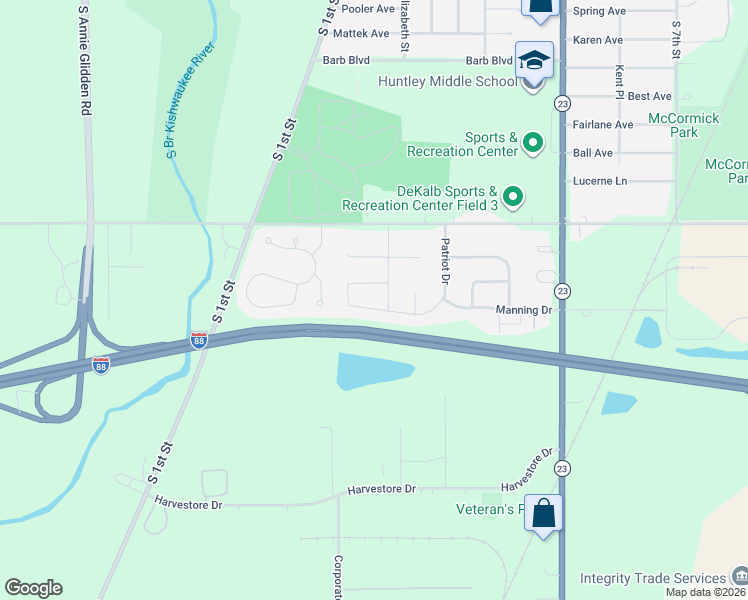 map of restaurants, bars, coffee shops, grocery stores, and more near 2216 Monticello Drive in DeKalb