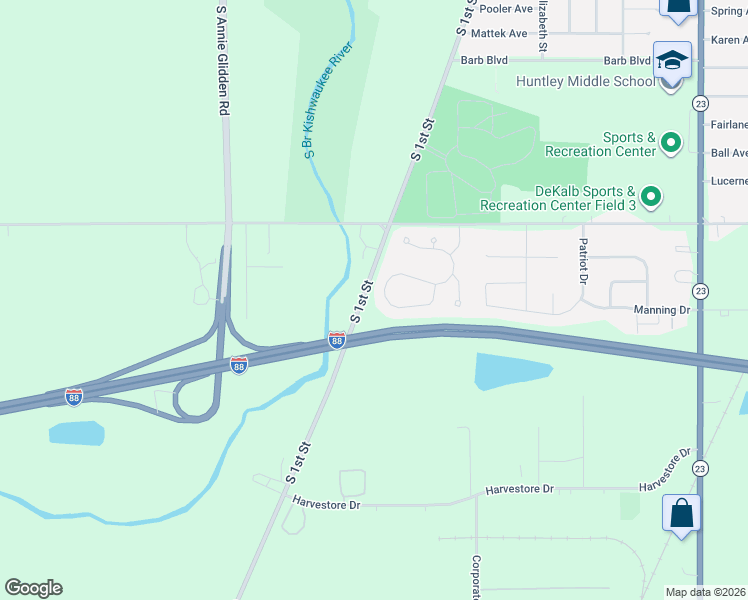 map of restaurants, bars, coffee shops, grocery stores, and more near 102 Berkshire Drive in DeKalb