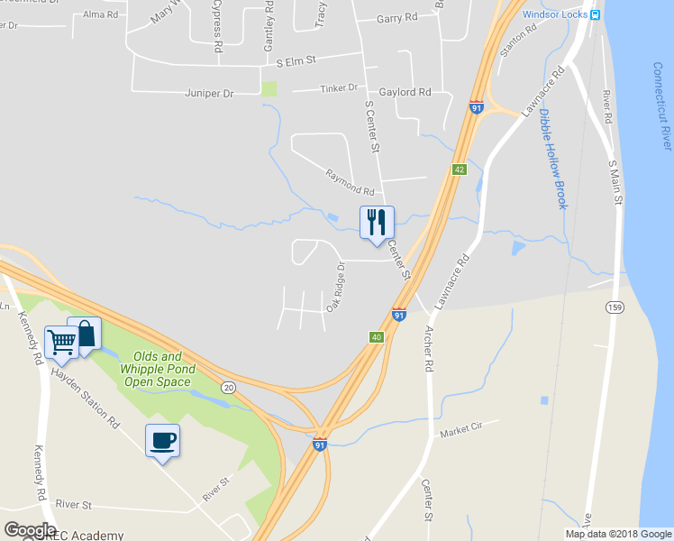 map of restaurants, bars, coffee shops, grocery stores, and more near 202 Oak Ridge Drive in Windsor Locks