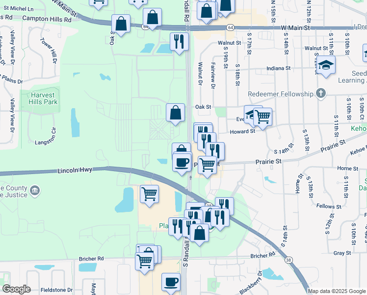 map of restaurants, bars, coffee shops, grocery stores, and more near 535 Randall Road in Setor Charles