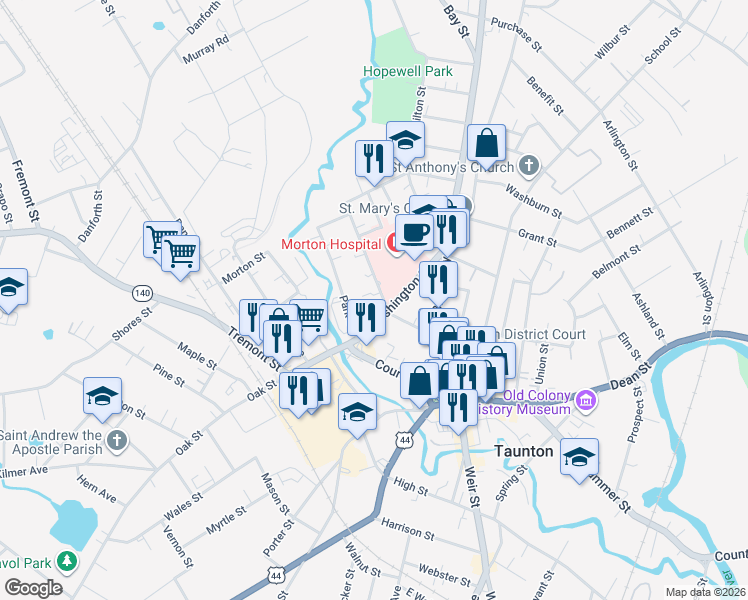 map of restaurants, bars, coffee shops, grocery stores, and more near 6 North Pleasant Street in Taunton
