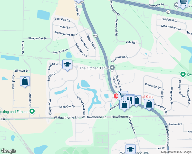 map of restaurants, bars, coffee shops, grocery stores, and more near 1221 Kings Court in West Chicago