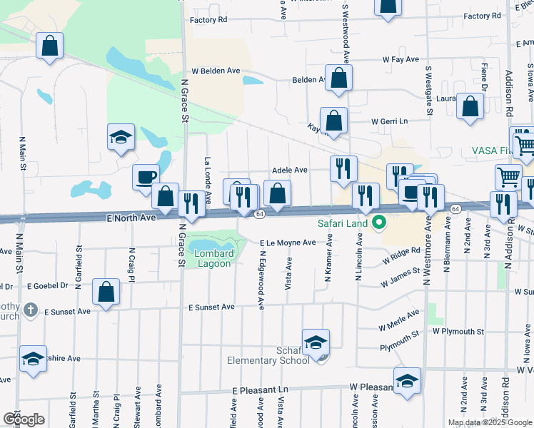 map of restaurants, bars, coffee shops, grocery stores, and more near 1005 West North Avenue in Villa Park