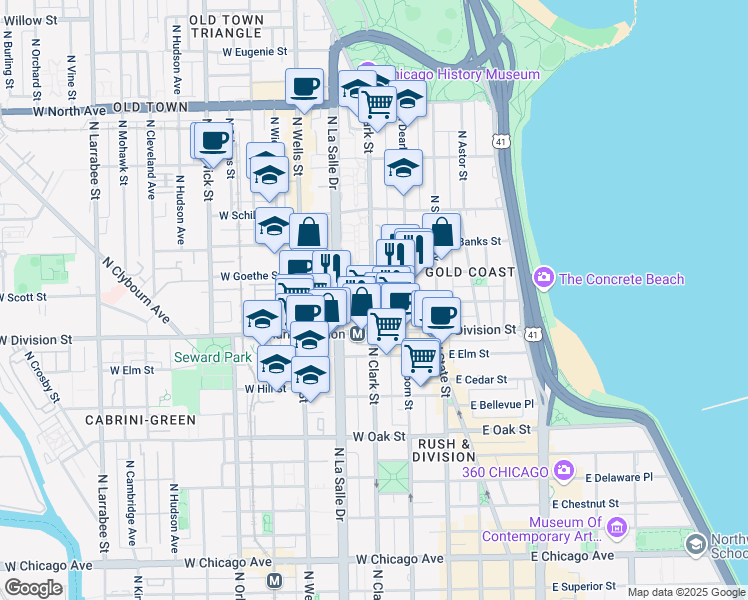 map of restaurants, bars, coffee shops, grocery stores, and more near 1255 North Sandburg Terrace in Chicago