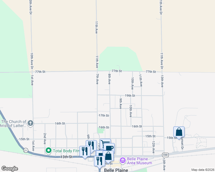 map of restaurants, bars, coffee shops, grocery stores, and more near 1910 8th Avenue in Belle Plaine