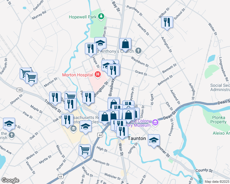 map of restaurants, bars, coffee shops, grocery stores, and more near 59r Broadway in Taunton