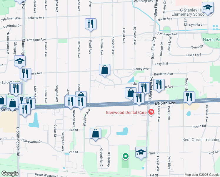 map of restaurants, bars, coffee shops, grocery stores, and more near 438 James Court in Glendale Heights