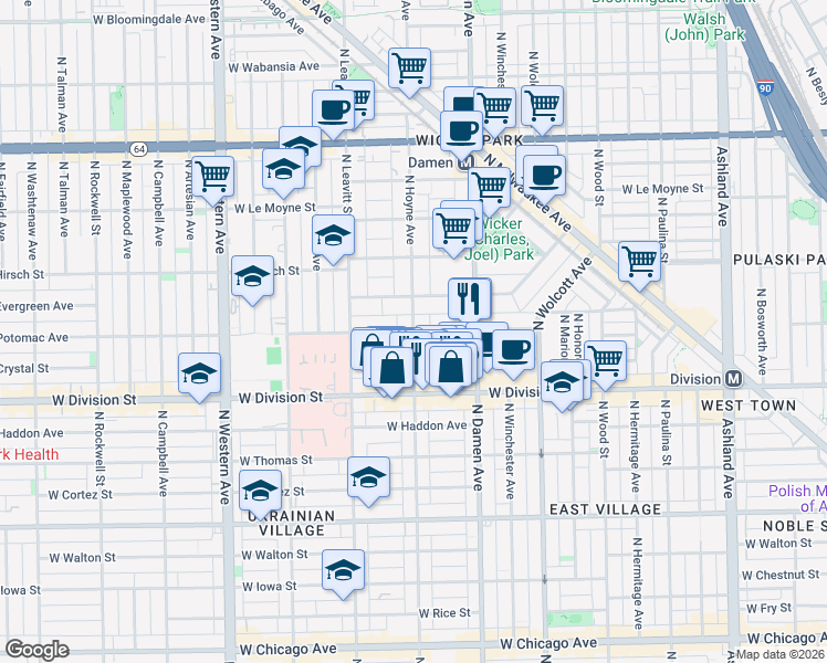map of restaurants, bars, coffee shops, grocery stores, and more near N Hoyne Ave & W Potomac Ave in Chicago