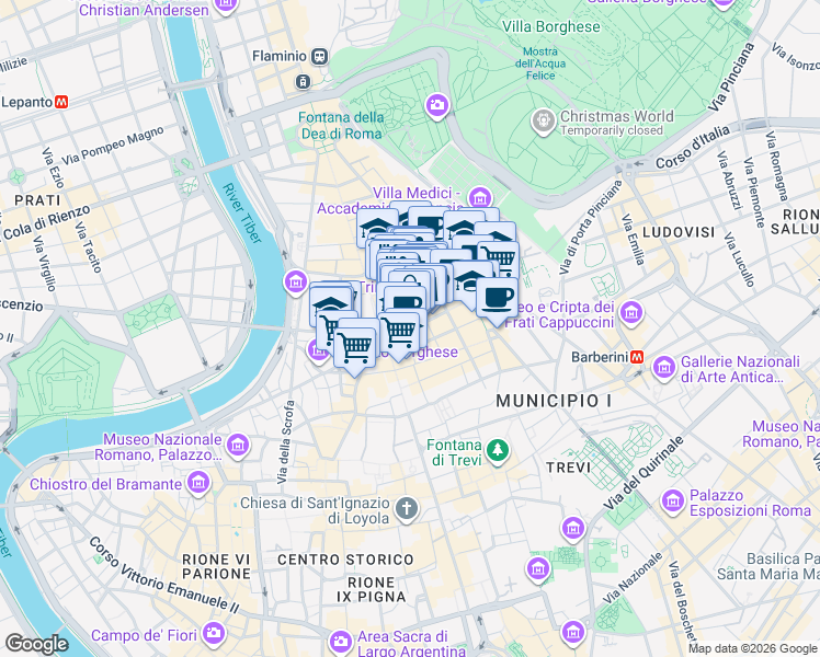 map of restaurants, bars, coffee shops, grocery stores, and more near 57 Via dei Condotti in Roma