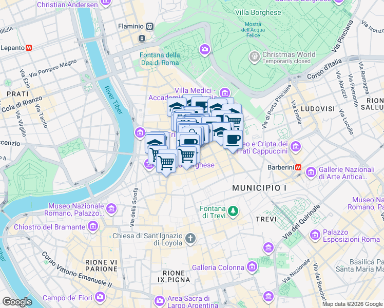 map of restaurants, bars, coffee shops, grocery stores, and more near 57 Via dei Condotti in Roma