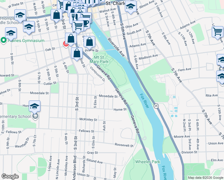 map of restaurants, bars, coffee shops, grocery stores, and more near 865 Geneva Road in St. Charles