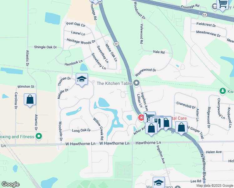 map of restaurants, bars, coffee shops, grocery stores, and more near 1223 Kings Court in West Chicago