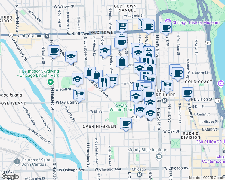 map of restaurants, bars, coffee shops, grocery stores, and more near 411 West Goethe Street in Chicago