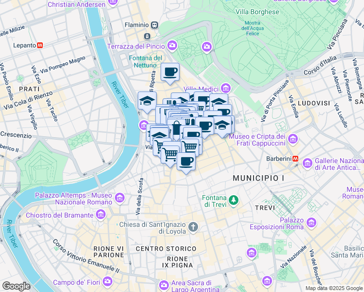 map of restaurants, bars, coffee shops, grocery stores, and more near 129 Via del Corso in Rome