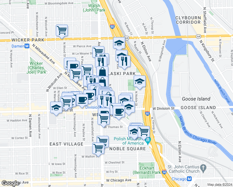 map of restaurants, bars, coffee shops, grocery stores, and more near 1252 North Greenview Avenue in Chicago