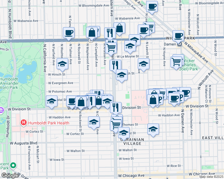 map of restaurants, bars, coffee shops, grocery stores, and more near 1300 North Western Avenue in Chicago