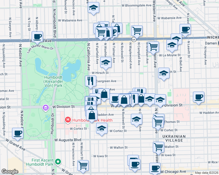 map of restaurants, bars, coffee shops, grocery stores, and more near 2646 West Potomac Avenue in Chicago