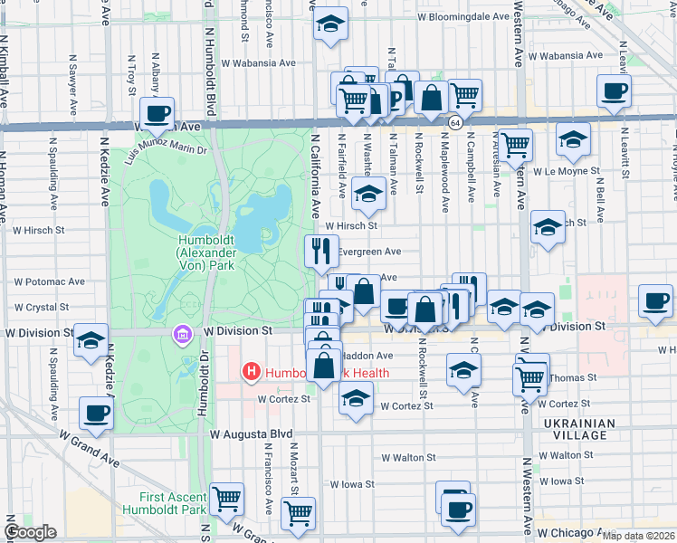 map of restaurants, bars, coffee shops, grocery stores, and more near 2734 West Potomac Avenue in Chicago