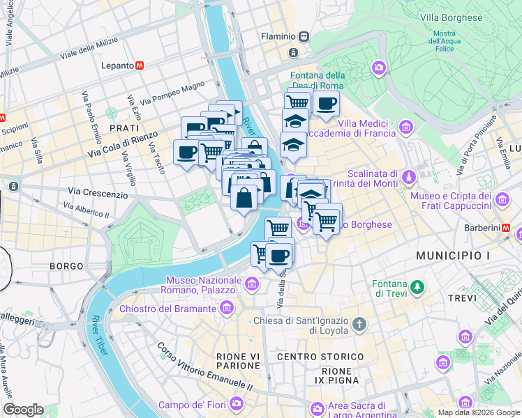 map of restaurants, bars, coffee shops, grocery stores, and more near Ponte Cavour in Rome