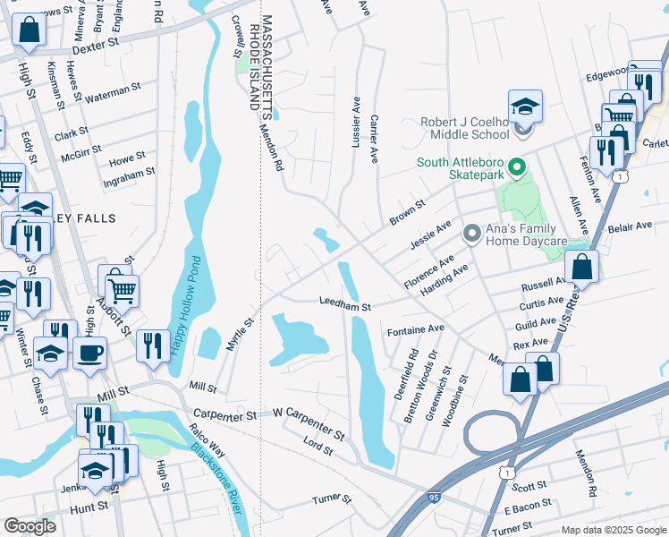 map of restaurants, bars, coffee shops, grocery stores, and more near 386 Brown Street in Attleboro