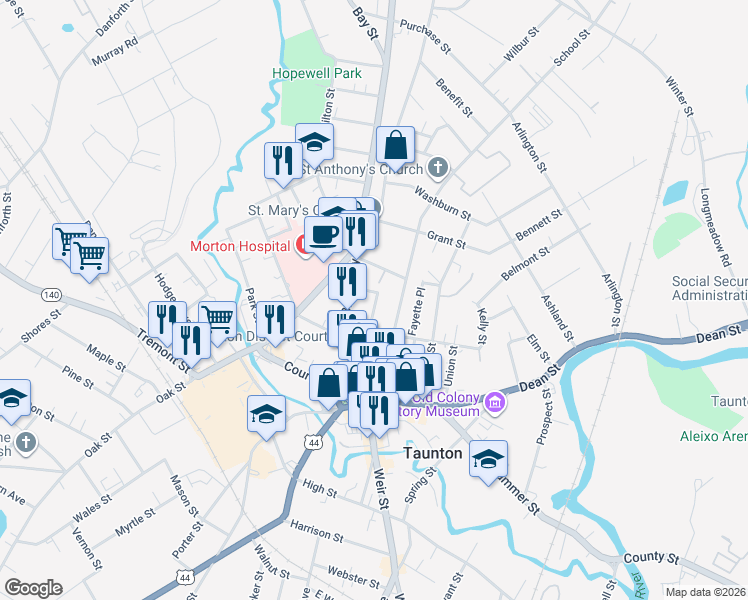 map of restaurants, bars, coffee shops, grocery stores, and more near 10 Dean Avenue in Taunton